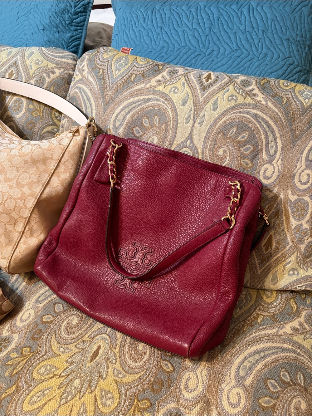 Tory Burch Wine Red Pebbled Leather Shoulder Tote